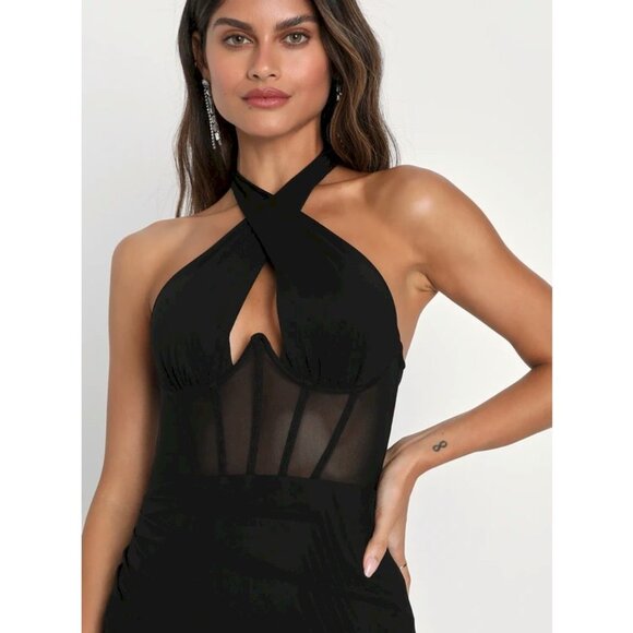 Never-Ending Glamour Black Mesh Cross-Front Halter Maxi Dress Size XS NWOT - Picture 2 of 13